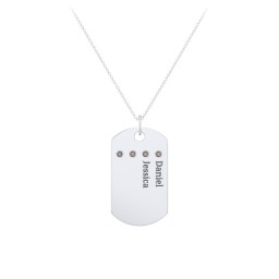 Engravable Dog Tag Necklace with 4 Birthstone in 925 Sterling Silver with Smokey Quartz