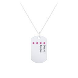 Engravable Dog Tag Necklace with 4 Birthstone in 925 Sterling Silver with Ruby