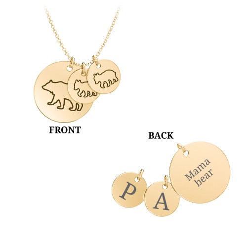 Engravable Mama Bear & 2 Cub Disc Necklace – 10K Yellow Gold