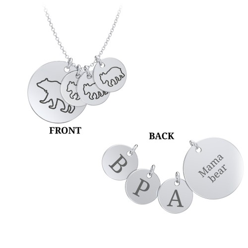 Engravable Mama Bear & 3 Cub Disc Necklace – Sterling Silver