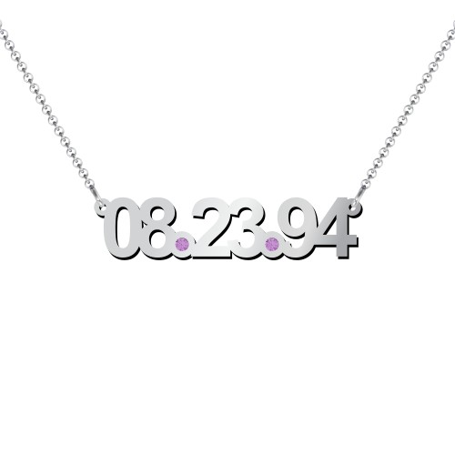 Date Necklace with Birthstones – Sterling Silver with Amethyst