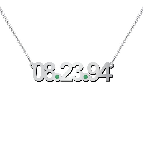 Date Necklace with Birthstones – Sterling Silver with Emerald