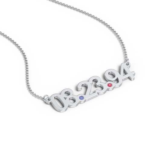 Date Necklace with Birthstones – Sterling Silver with Blue Sapphire and Garnet