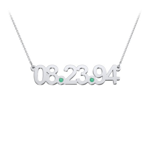 Date Necklace with Birthstones – Sterling Silver with Emerald