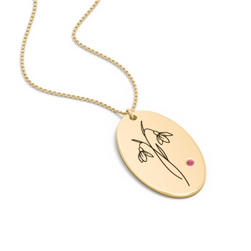 January Birth Flower Disc Necklace with Gemstone – 10K Yellow Gold with Garnet