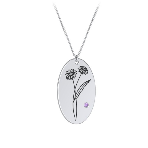 April Birth Flower Disc Necklace with Gemstone – Sterling Silver with Amethyst