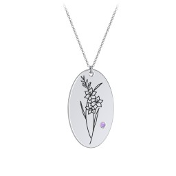 August Birth Flower Disc Necklace with Gemstone in 925 Sterling Silver with Amethyst