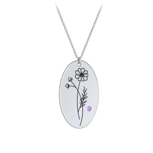 October Birth Flower Disc Necklace with Gemstone – Sterling Silver with Amethyst