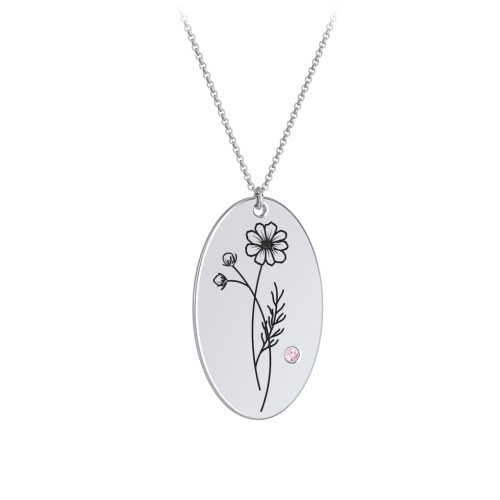 October Birth Flower Disc Necklace with Gemstone – Sterling Silver with Pink Tourmaline