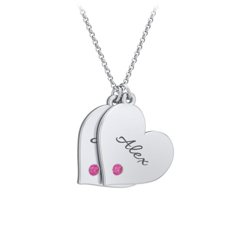 Engravable Hanging 2 Hearts Necklace with Birthstones – Sterling Silver with Ruby
