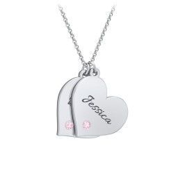 Engravable Hanging 2 Hearts Necklace with Birthstones in 925 Sterling Silver with Pink Tourmaline