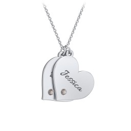 Engravable Hanging 2 Hearts Necklace with Birthstones in 925 Sterling Silver with Smokey Quartz