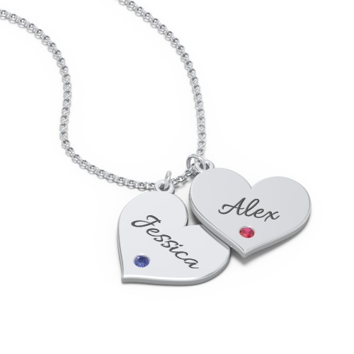 Engravable Hanging 2 Hearts Necklace with Birthstones – Sterling Silver with Blue Sapphire and Garnet