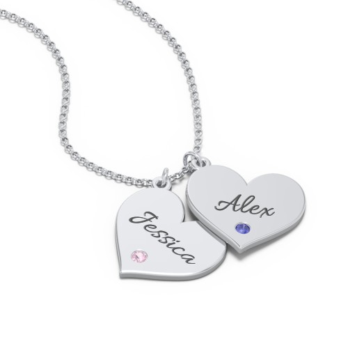 Engravable Hanging 2 Hearts Necklace with Birthstones – Sterling Silver with Pink Tourmaline and Blue Sapphire