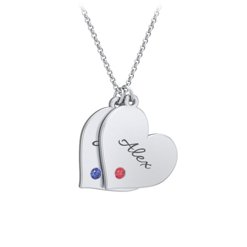 Engravable Hanging 2 Hearts Necklace with Birthstones – Sterling Silver with Blue Sapphire and Garnet