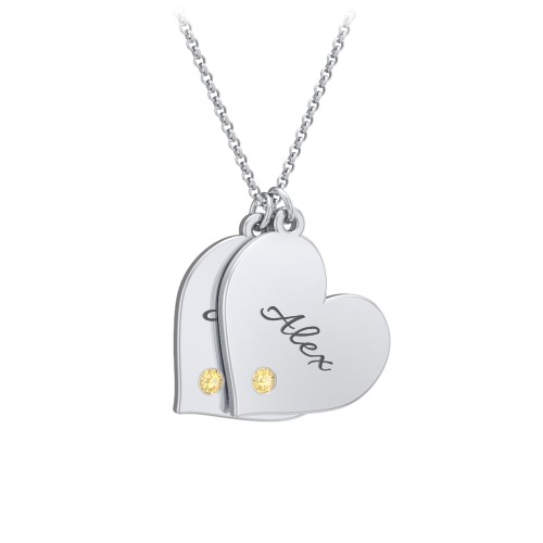 Engravable Hanging 2 Hearts Necklace with Birthstones – Sterling Silver with Citrine