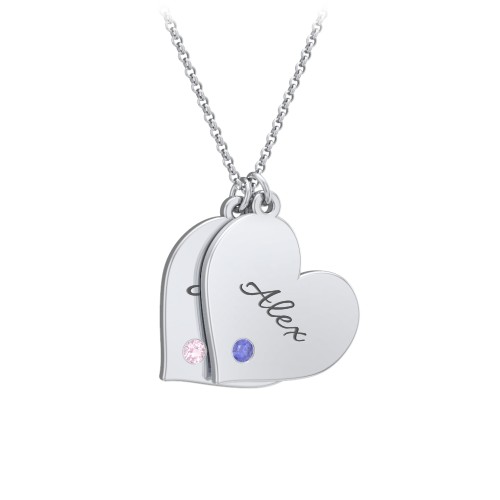 Engravable Hanging 2 Hearts Necklace with Birthstones – Sterling Silver with Pink Tourmaline and Blue Sapphire