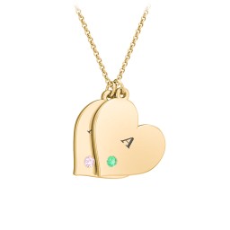 Engravable Hanging 2 Hearts Necklace with Birthstones in 10K Solid Yellow Gold with Pink Tourmaline and Emerald