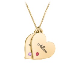 Engravable Hanging 2 Hearts Necklace with Birthstones in 10K Solid Yellow Gold with Amethyst and Garnet