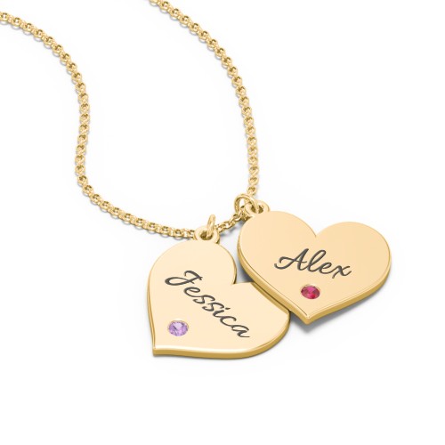 Engravable Hanging 2 Hearts Necklace with Birthstones – 10K Yellow Gold with Amethyst and Garnet