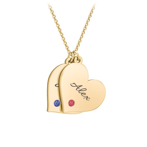 Engravable Hanging 2 Hearts Necklace with Birthstones – 10K Yellow Gold with Blue Sapphire and Garnet