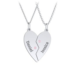 Engravable Split Heart Couples Necklace Set with Birthstones