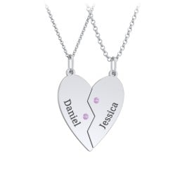 Engravable Split Heart Couples Necklace Set with Birthstones