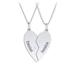 Engravable Split Heart Couples Necklace Set with Birthstones