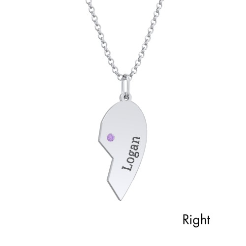 Engravable Split Heart Couples Necklace Set with Birthstones – Sterling Silver with Amethyst