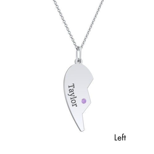 Engravable Split Heart Couples Necklace Set with Birthstones – Sterling Silver with Amethyst