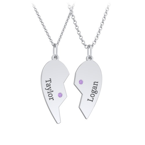 Engravable Split Heart Couples Necklace Set with Birthstones – Sterling Silver with Amethyst