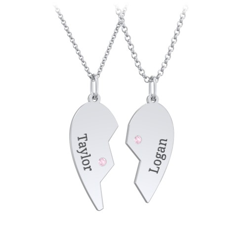 Engravable Split Heart Couples Necklace Set with Birthstones