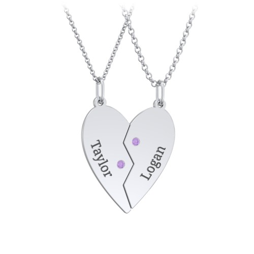 Engravable Split Heart Couples Necklace Set with Birthstones – Sterling Silver with Amethyst