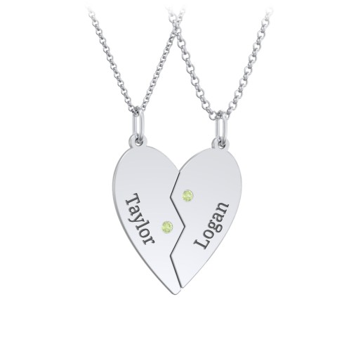 Engravable Split Heart Couples Necklace Set with Birthstones