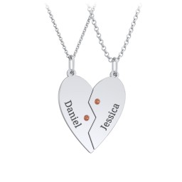 Engravable Split Heart Couples Necklace Set with Birthstones in 925 Sterling Silver with Garnet