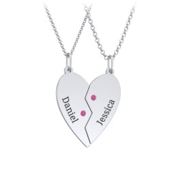 Engravable Split Heart Couples Necklace Set with Birthstones in 925 Sterling Silver with Ruby