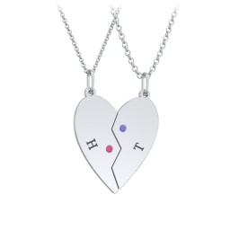 Engravable Split Heart Couples Necklace Set with Birthstones in 925 Sterling Silver