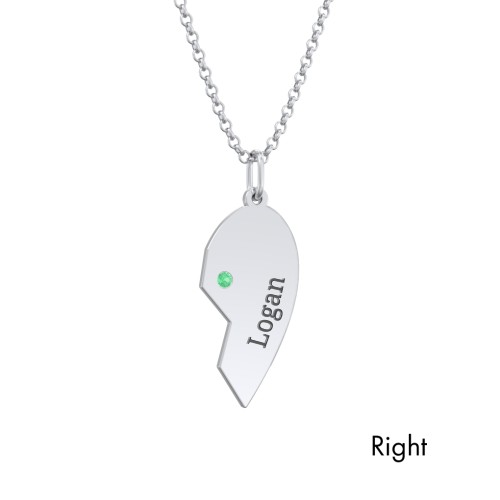 Engravable Split Heart Couples Necklace Set with Birthstones – Sterling Silver with Emerald