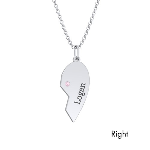Engravable Split Heart Couples Necklace Set with Birthstones – Sterling Silver with Blue Sapphire and Pink Tourmaline