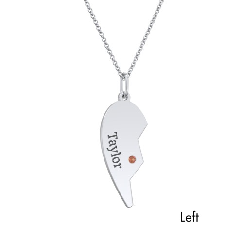 Engravable Split Heart Couples Necklace Set with Birthstones – Sterling Silver with Garnet