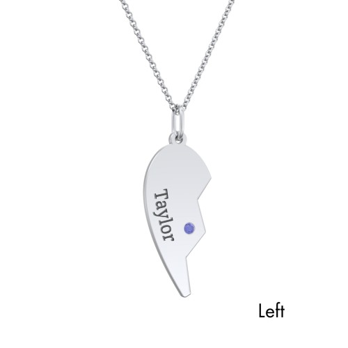 Engravable Split Heart Couples Necklace Set with Birthstones – Sterling Silver with Blue Sapphire and Pink Tourmaline