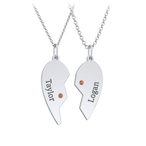 Engravable Split Heart Couples Necklace Set with Birthstones – Sterling Silver with Garnet