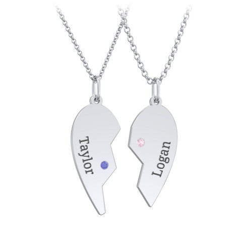 Engravable Split Heart Couples Necklace Set with Birthstones – Sterling Silver with Blue Sapphire and Pink Tourmaline