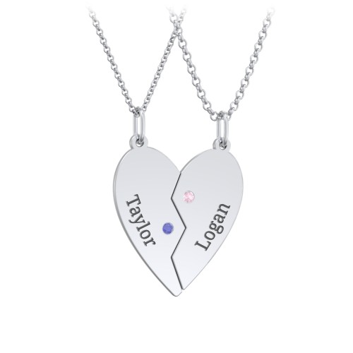 Engravable Split Heart Couples Necklace Set with Birthstones – Sterling Silver with Blue Sapphire and Pink Tourmaline