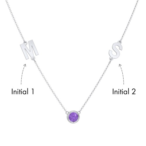 Personalized Initials Necklace with Bezel Set Birthstone – Sterling Silver with Amethyst