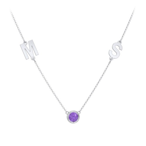 Personalized Initials Necklace with Bezel Set Birthstone – Sterling Silver with Amethyst