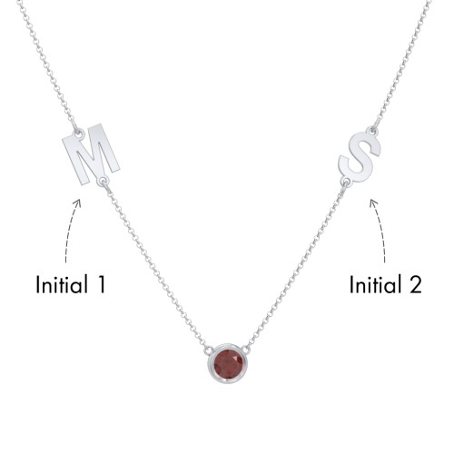 Personalized Initials Necklace with Bezel Set Birthstone – Sterling Silver with Garnet