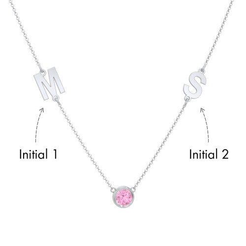 Personalized Initials Necklace with Bezel Set Birthstone – Sterling Silver with Pink Tourmaline