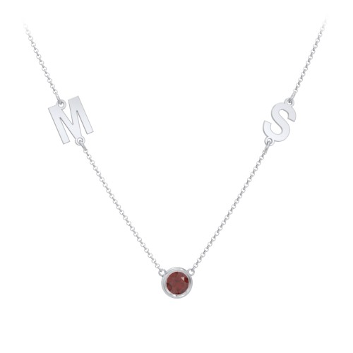 Personalized Initials Necklace with Bezel Set Birthstone – Sterling Silver with Garnet