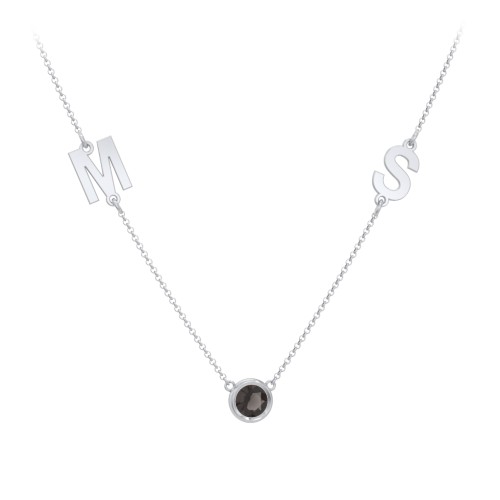 Personalized Initials Necklace with Bezel Set Birthstone – Sterling Silver with Smokey Quartz